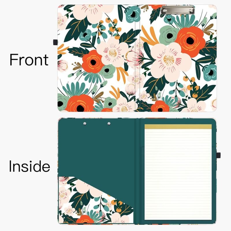 Hongri Clipboard Folio with Refillable Lined Notepad and Interior Storage Pocket for Students, Classroom, Office, Women, Man, Cute Custom Pattern, Size 12.8 x 9.2 in, Classic Flower - Image 2