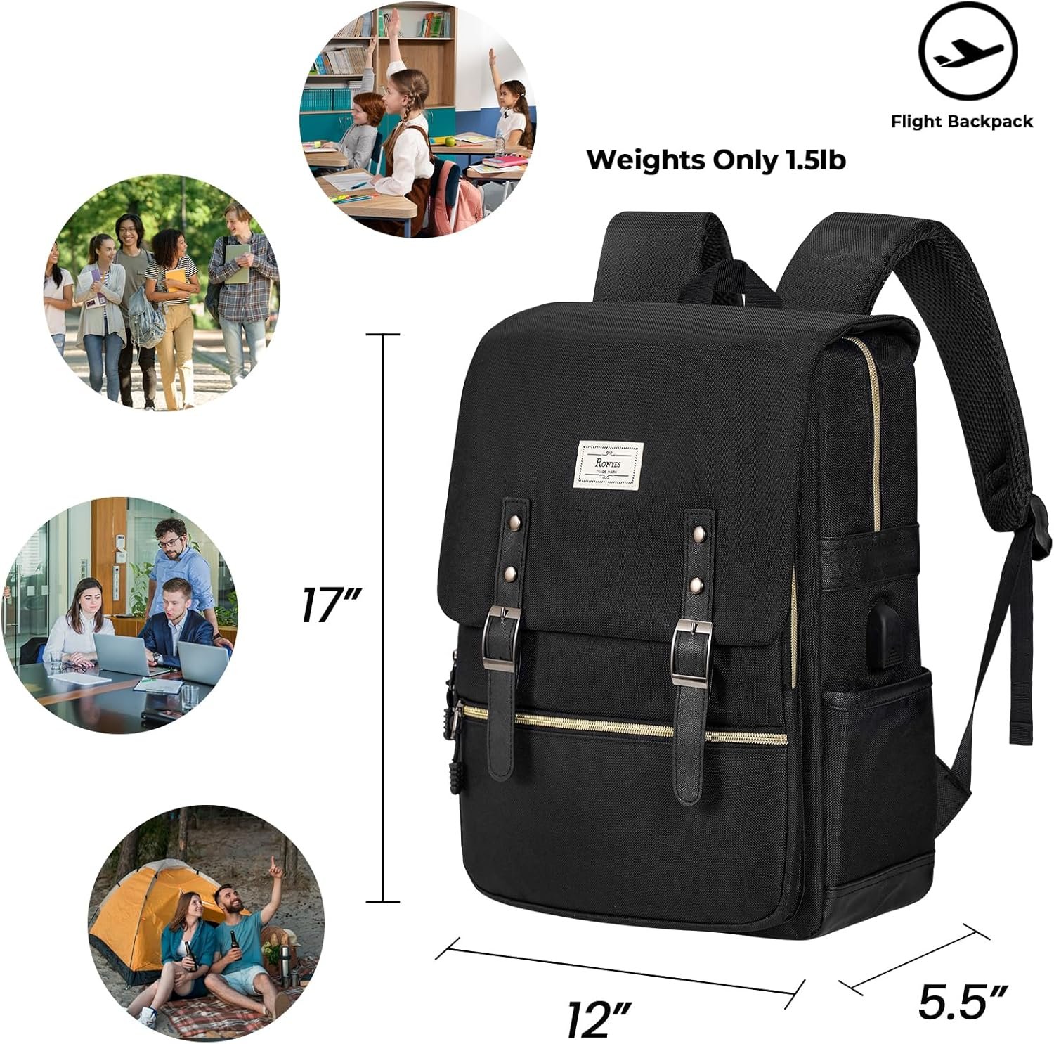 Ronyes Vintage Laptop Backpack for Women Men,15.6 inch Bookbag Casual Daypack with USB Charging Port for College Work, All Black Backpacks - Image 2