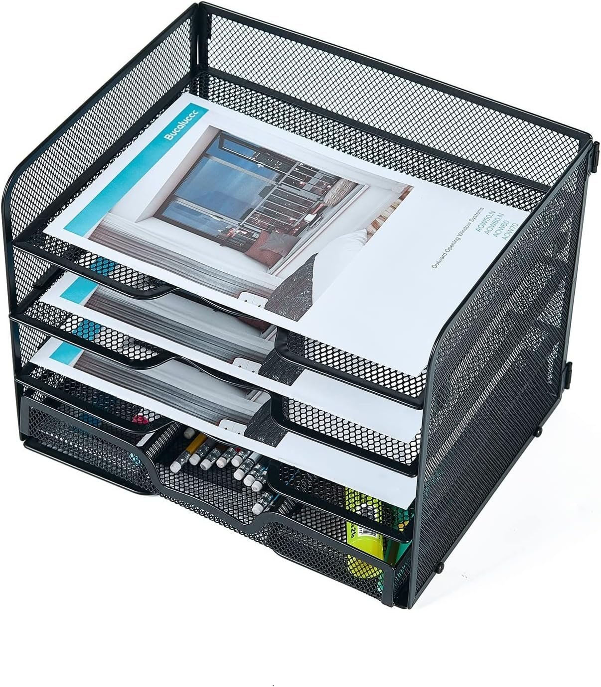 SETTFRFE 4 Tier Mesh Paper Letter Tray,Desk File Organizer with A Sliding Drawer,Office Supplies Desk Organizer for Home Office,Black. - Image 7