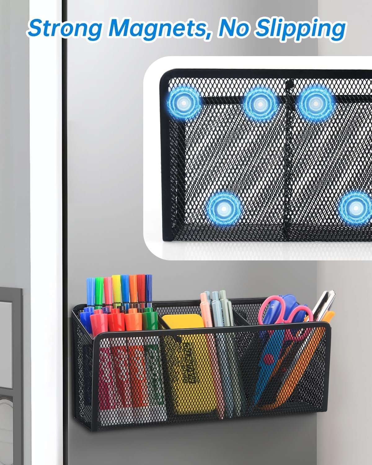 VICNOVA Magnetic Pencil Holder - Metal Pen Holder with Strong Magnets - Storage Basket Organizer for Whiteboard, Refrigerator, Locker Accessories - Image 2