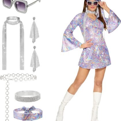 Spooktacular Creations 70s Outfits Women, Halloween Disco Dress with 70s Accessories for Halloween Costumes Dance Party