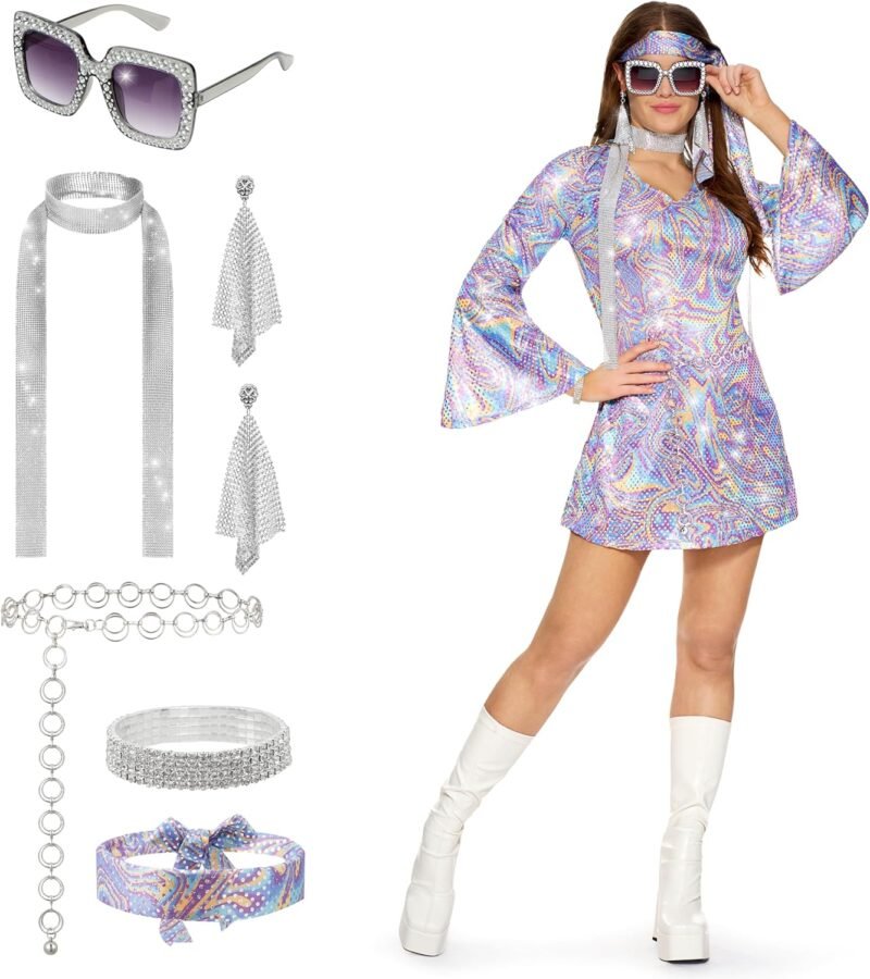 Spooktacular Creations 70s Outfits Women, Halloween Disco Dress with 70s Accessories for Halloween Costumes Dance Party