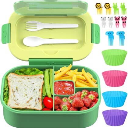 Bento Lunch Box Leakproof 44oz Kids Lunch Box Containers with 4 Compartment, Bento-Style Lunch Bento Box with Cutlery, Reusable Kid Back to School Meal/Snack Packing BPA Free (Green)