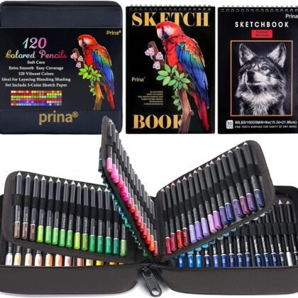 PRINA Art Supplies 120 Colors Colored Pencils Set for Adults Coloring Books with Sketchbook, Professional Vibrant Artists Coloring Pencils for Drawing Sketching Blending Shading, Soft Core Oil Based
