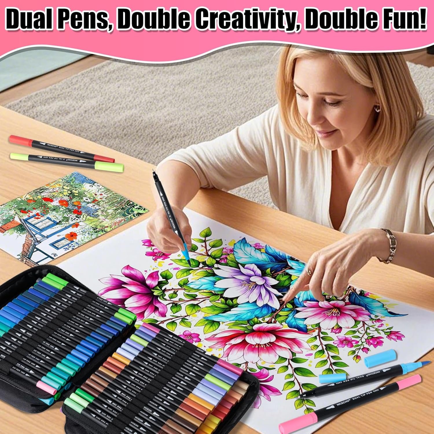Art Supplier Dual Brush Markers Pens, 110 Artist Coloring Marker Set, Fineliner & Brush Tip Pen with Premium Case for Adults Coloring Books & Kids Journal, Drawing, Doodlin - Image 6