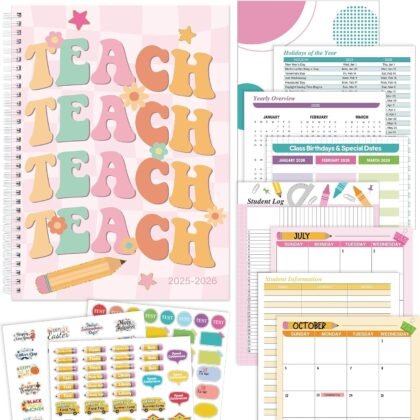 Teacher Planner 2025-2026 July 2025-June 2026, 11 x 8 inch Teacher Lesson Planner with Stickers Colorful Monthly Tabs Lesson Plan Book for Teachers Home school Classroom Organizer(Retro)
