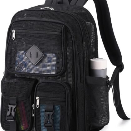 MOONBABY Mesh Backpack for School Heavy Duty See Through Net Bookbag Girls Boys Semi-Transparent Net Back Pack for Beach, Swimming, Sports, Work, Travel (Black)
