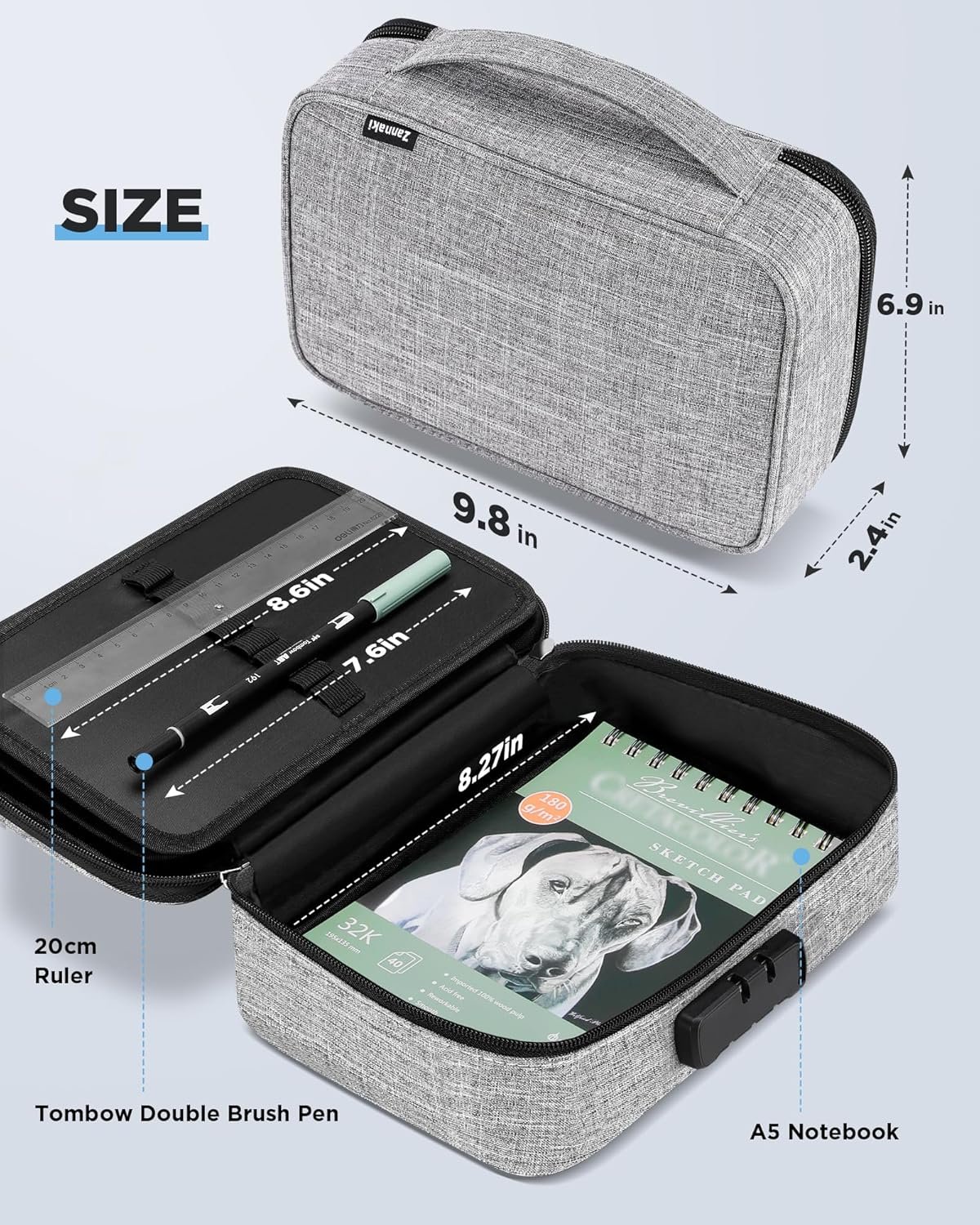 Zannaki Large Capacity Pencil Pouch Case with Lock, Pen Marker Stationery Bag Art Supply Storage Organizer Box for Bullet Journal Middle High School College Student Teen Girl Boy Women Adult, Grey - Image 5