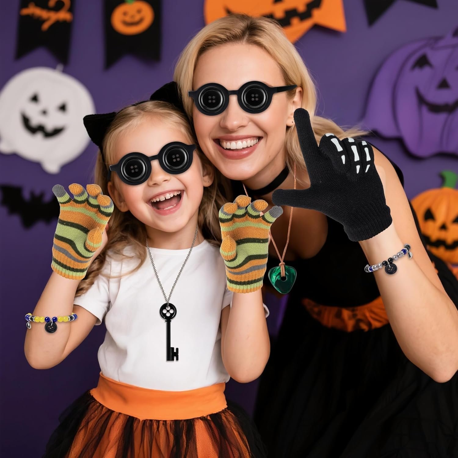 Halloween Button Eyes Cosplay Accessories Set - 15PCS Coraline and Wybie Inspired Costume Kit with Skull Gloves, Key Necklace, Button Bracelets and Glasses Gifts for Women Men Fans - Image 5
