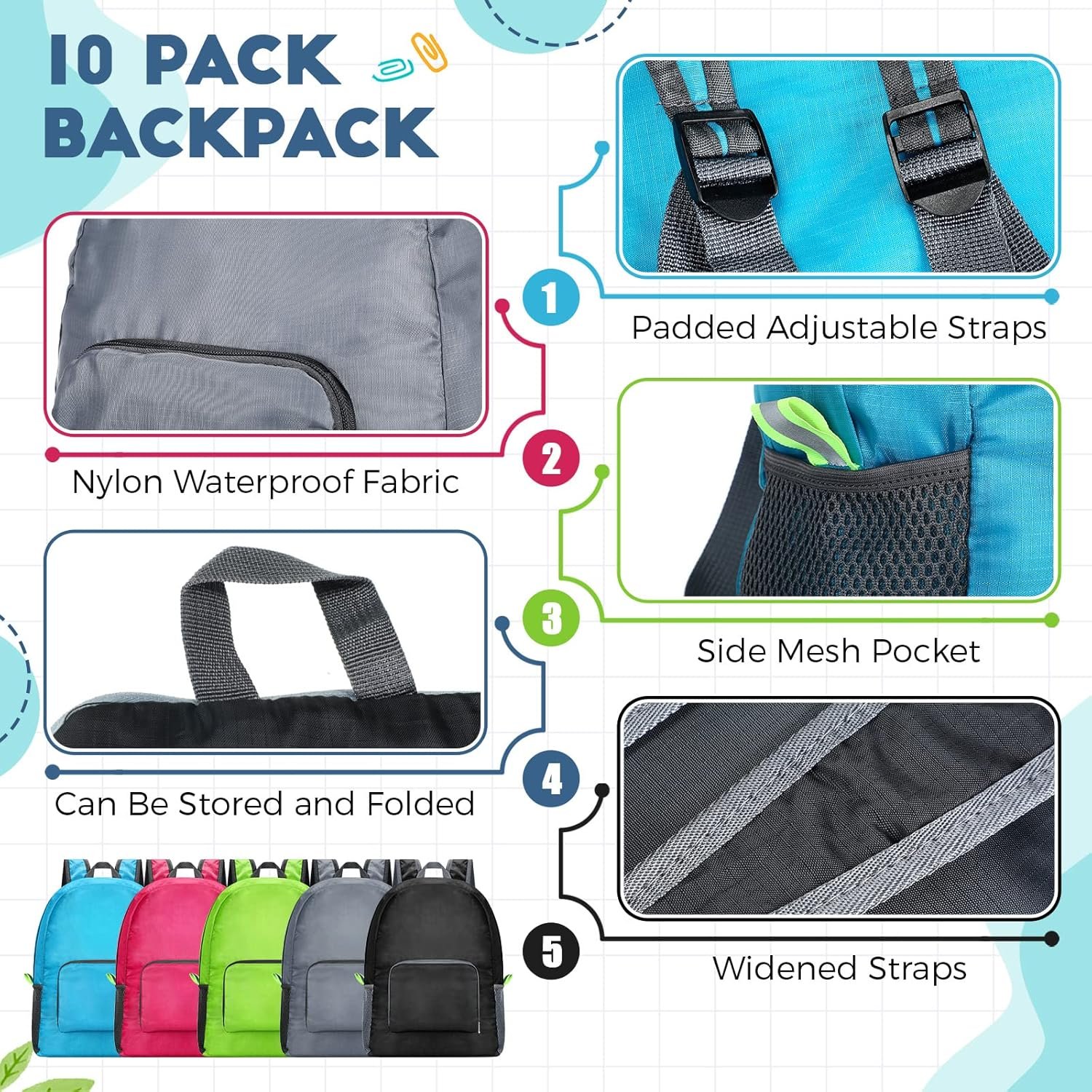 Jexine 10 Pcs Backpacks in Bulk 16.5 Inches Back Pack Basic Backpack for Adult Lightweight Outdoor Travel Book Bags(Multicolor) - Image 4