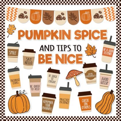 Fall Bulletin Board Decorations Set for Classroom, Autumn Coffee Cup Pumpkin Maple Leaves Paper Cutouts for Thanksgiving Halloween Fall School Classroom Blackboard Door Wall Decor