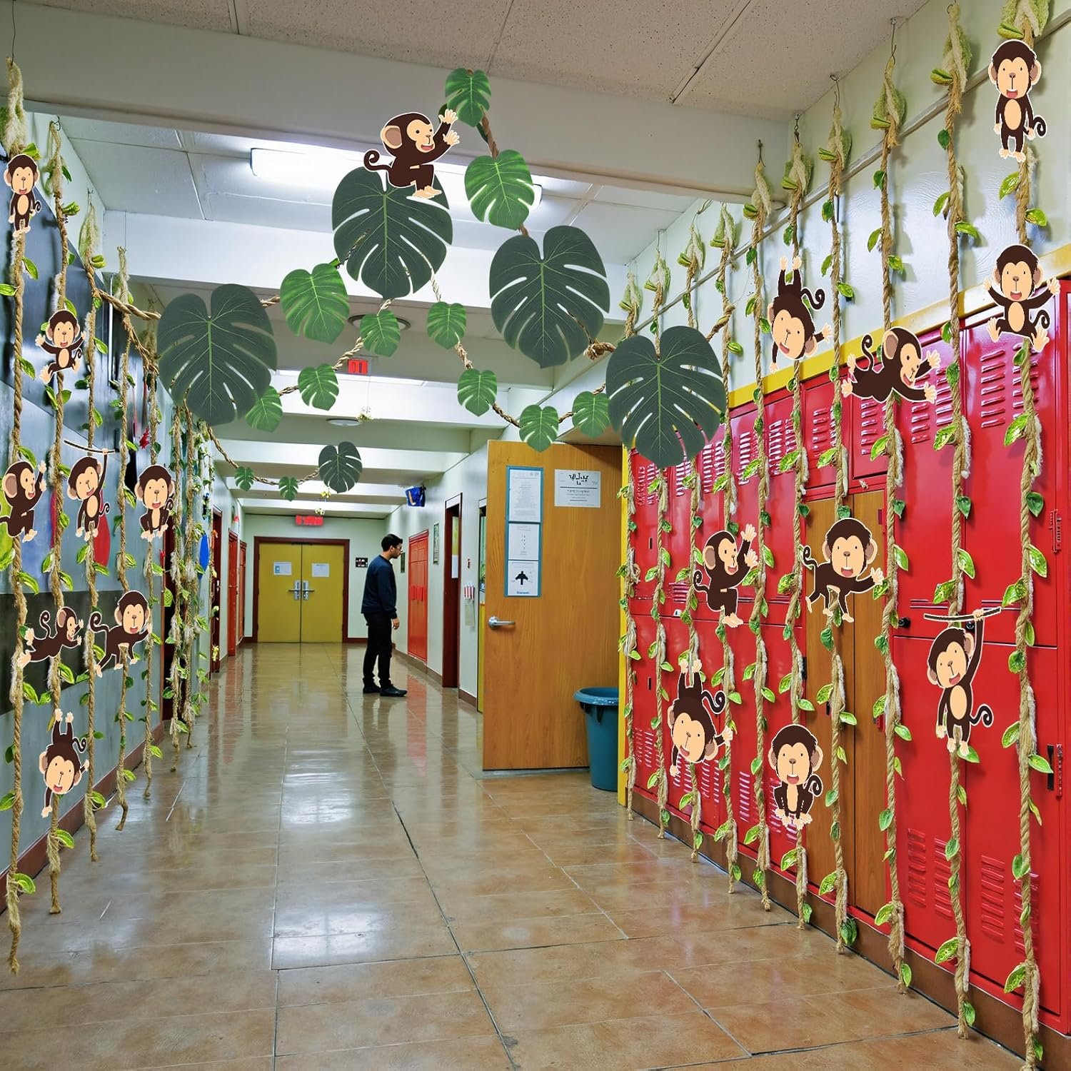 Ctosree 49 Pcs Jungle Party Decorations Safari Jungle Classroom Door Border Burlap Leaf Ribbon Tropical Palm Leaves Monkey Cutouts Wild Bulletin Board Hanging Banner Wall Decor for Birthday Party - Image 3