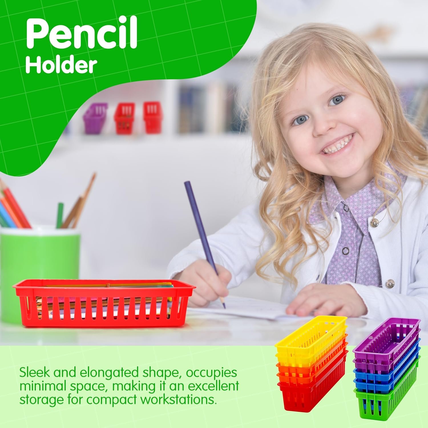 4E's Novelty 12 Pack Pencil Holder for Kids Desk, Colorful Plastic Pen Baskets Tray for Organizing Classroom Supplies, Plastic Caddy for Desk and Elementary Teacher Supplies for Classroom - Image 8