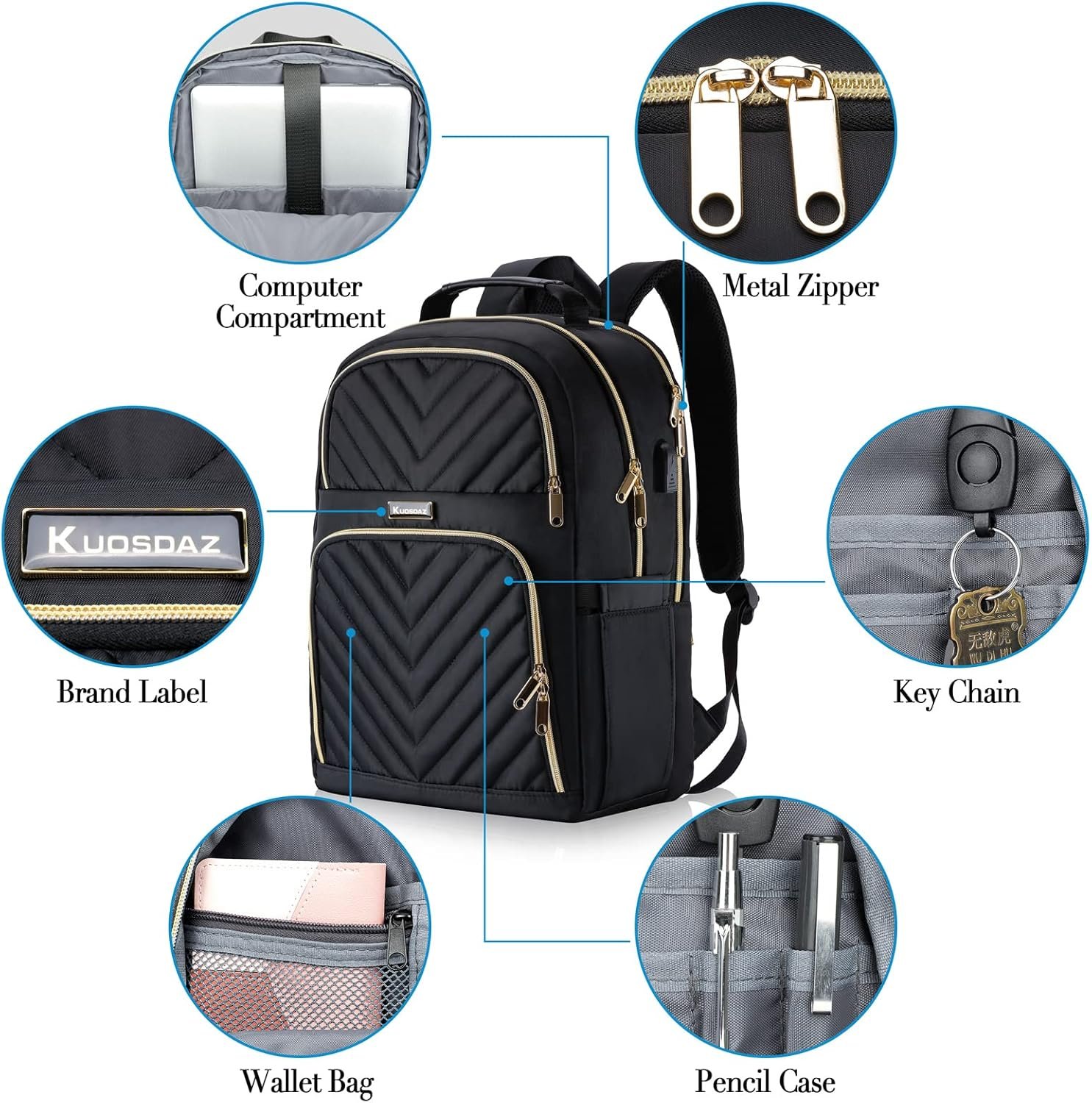 Travel Laptop Backpack, School Backpack for Teen Girls, 15.6 Inch Quilted Work Backpack Purse with USB Charging Port, Large Anti-theft Bookbag for Students, Casual Daypacks for Women,Black - Image 6