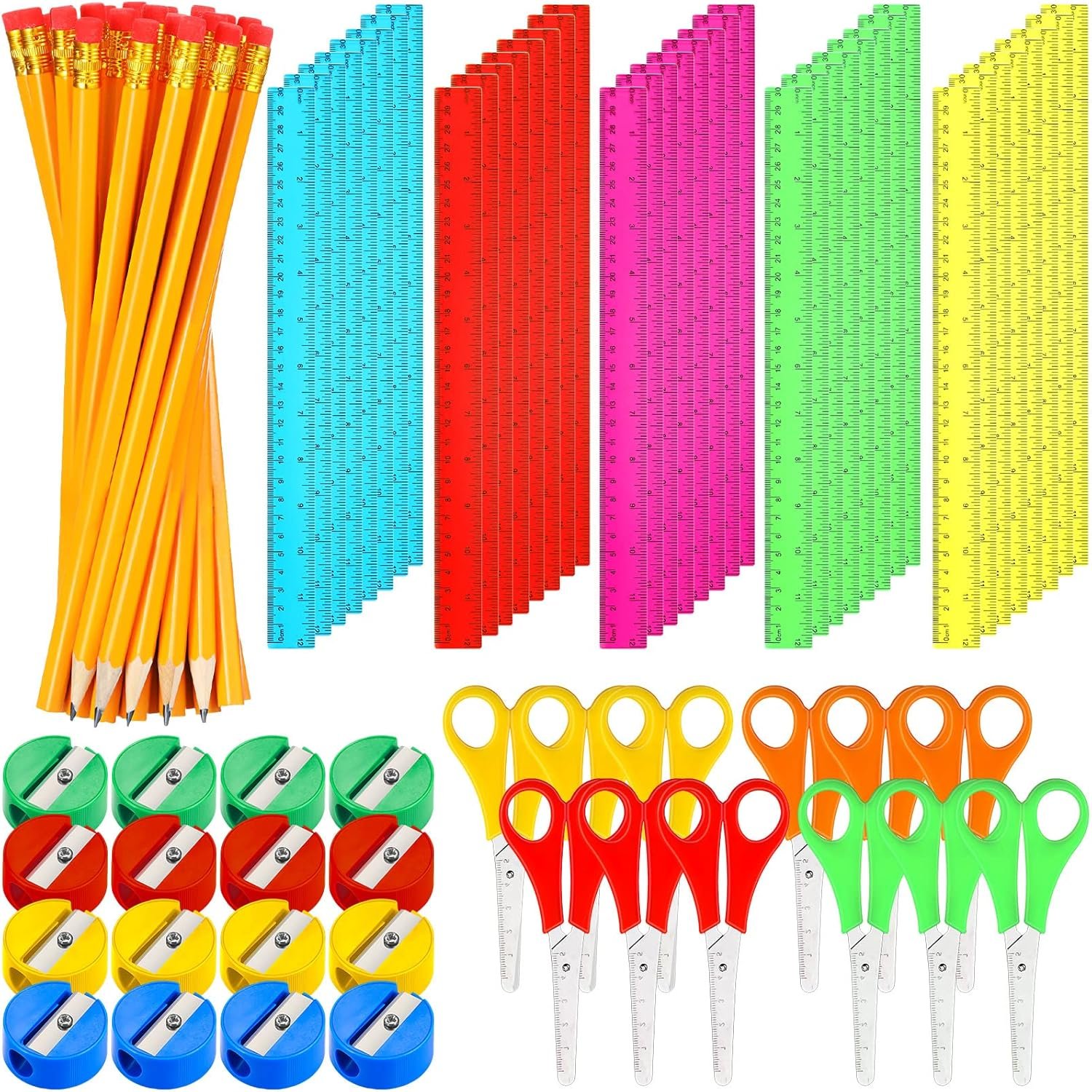 SATINIOR 48 Sets School Supplies Bulk Including 48 Pcs Pencils 48 Pcs Student Scissors 48 Pcs 12 Inch Plastic Ruler 48 Pencil Sharpener School Supplies for Back to School Supplies