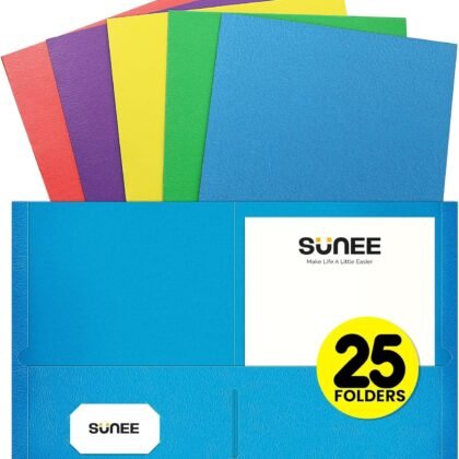 SUNEE Folders with Pockets(25 Pack, Assorted Colors), 2 Pocket Folders Fit Letter Size Paper, Paper File Folder for School Office Home Business