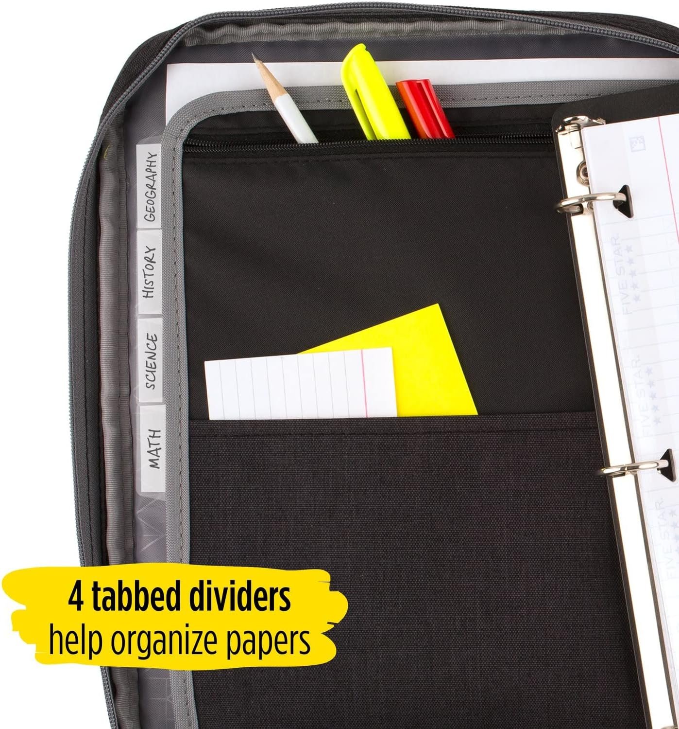 Five Star Zipper Binder, 1 Inch 3-Ring Binder with Round Rings, Carry-All with Pockets and 4-Tab Dividers, 375 Sheet Capacity, Black/Gray (29092IT8) - Image 5