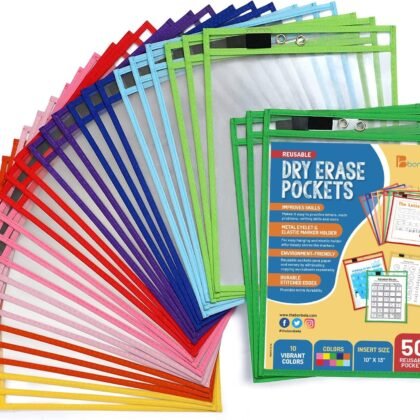 Dry Erase Pockets 50 Pack - 10 x 13 Reusable Dry Erase Pocket Sleeves for Work & School Worksheets - Heavy Duty Clear Pocket Sleeves - Quickly Wipe to a Flawless Clean (Multicolor)