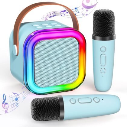 Mini Karaoke Machine for Kids Ages 2-12, Portable Bluetooth Karaoke Speaker with LED Party Lights & 2 Wireless Microphones, Perfect Birthday & Holiday Toys Gifts for Girls Boys (Blue)