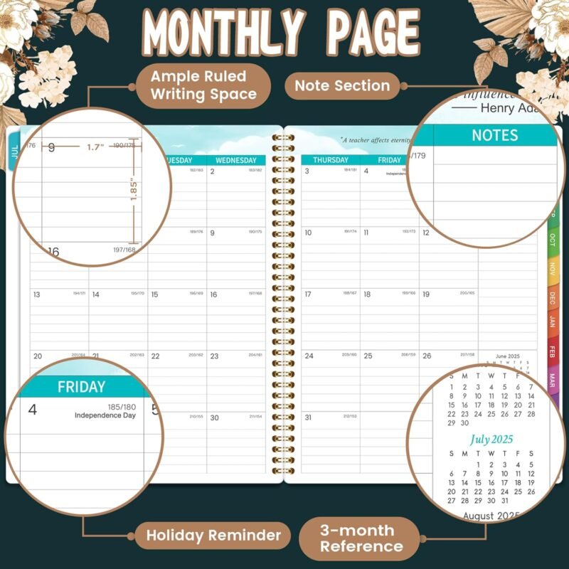 2025-2026 Teacher Planner - 9'' x 11'', Teacher Planner 2025-2026 Academic Year, JULY 2025 - JUNE 2026, Weekly & Monthly Lesson Plan Book with Quotes, Twin-Wire Binding, Monthly Tabs, Back Pockets - Image 3