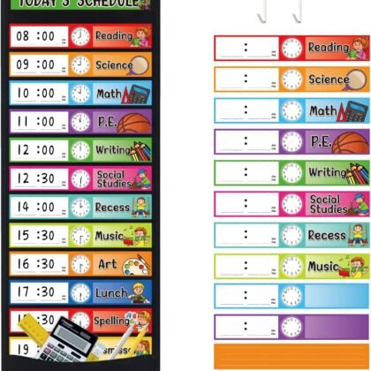 Daily Schedule Pocket Chart Kit,40 Bright Attractive Double-Sided Reusable Erasable Cards,1 Title Card,13+1 Scheduling Pocket Chart with 2 Hangers for Classroom Office Home Preschool Learning (Black)