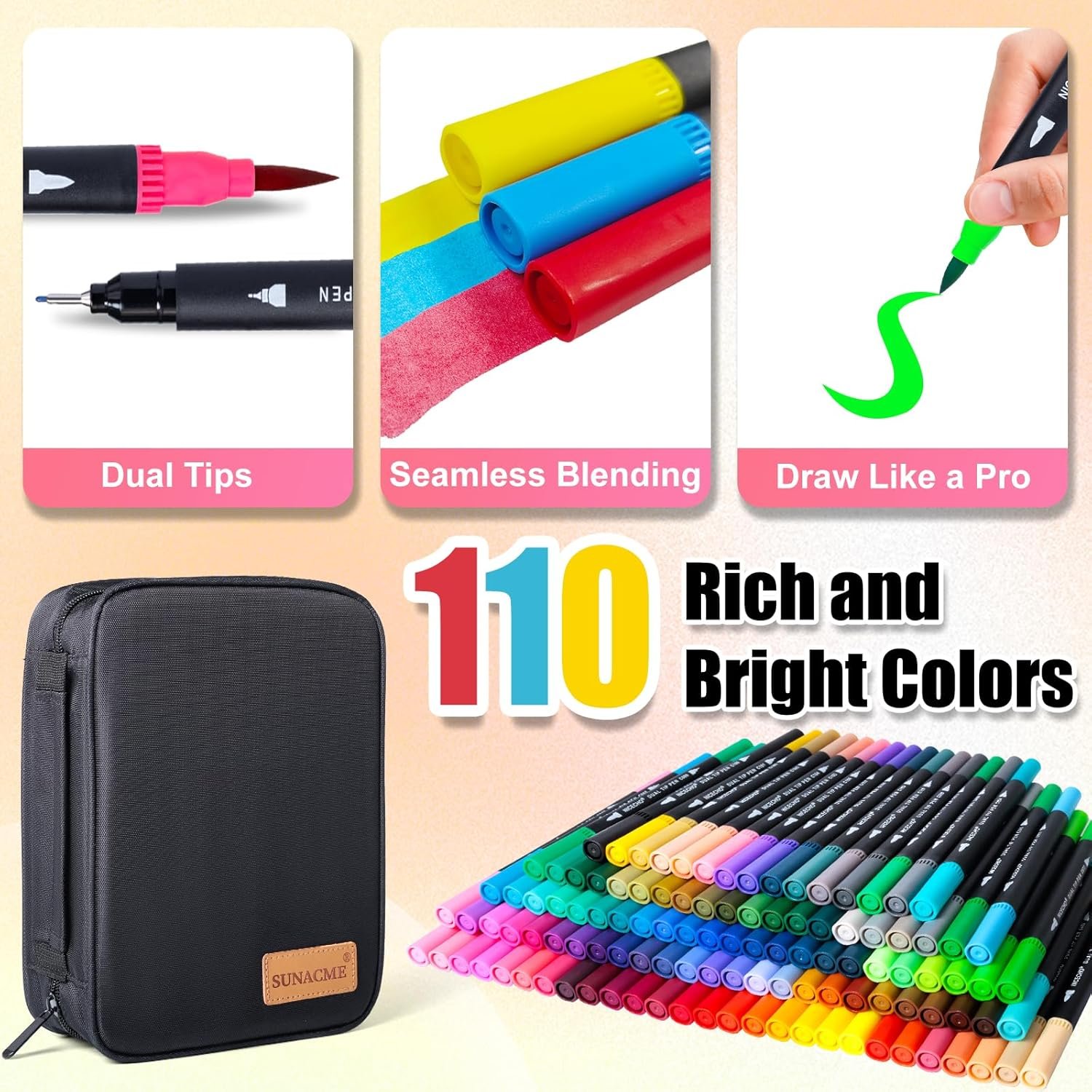 Art Supplier Dual Brush Markers Pens, 110 Artist Coloring Marker Set, Fineliner & Brush Tip Pen with Premium Case for Adults Coloring Books & Kids Journal, Drawing, Doodlin - Image 3