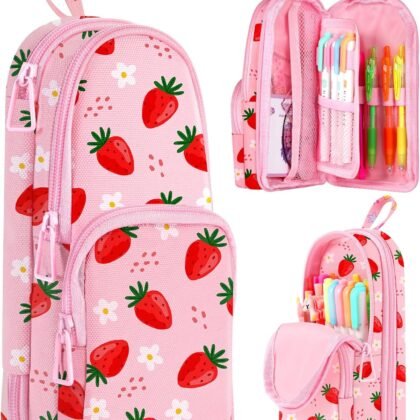 Cute Strawberry Pencil Case,Unique Aesthetic 3D Schoolbag-Shaped Pencil Pouch for Girls Boys Kids Women,Big Capacity Pen and Pencil Stationery Organizer Bag with Zippers for School Office