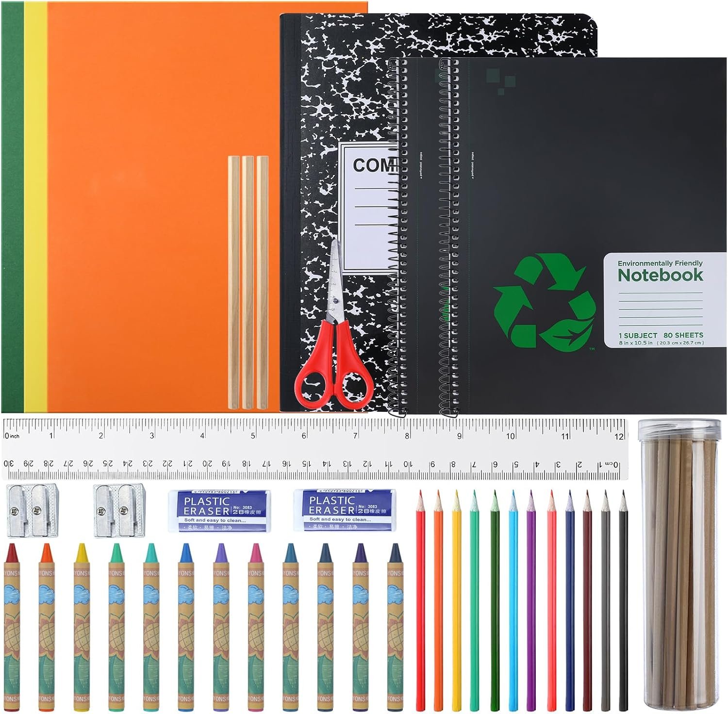 Sherr 72 Pcs 72 Pcs School Supplies Kit Elementary Back to School Essentials Stationery for Kids Girls Boys Students Includes Colored Pencil Crayon Sharpener Eraser Scissors Notebook Folder Ruler