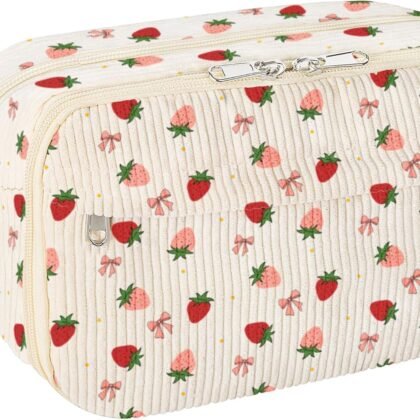 Cute Pencil Case for Girls,Large Corduroy Zippered Pencil Case Pouch, aesthetic Pencil Bag with Compartments, Soft Pencil Pouch School Supplies for Teen Girls Boys and Women (strawberry)