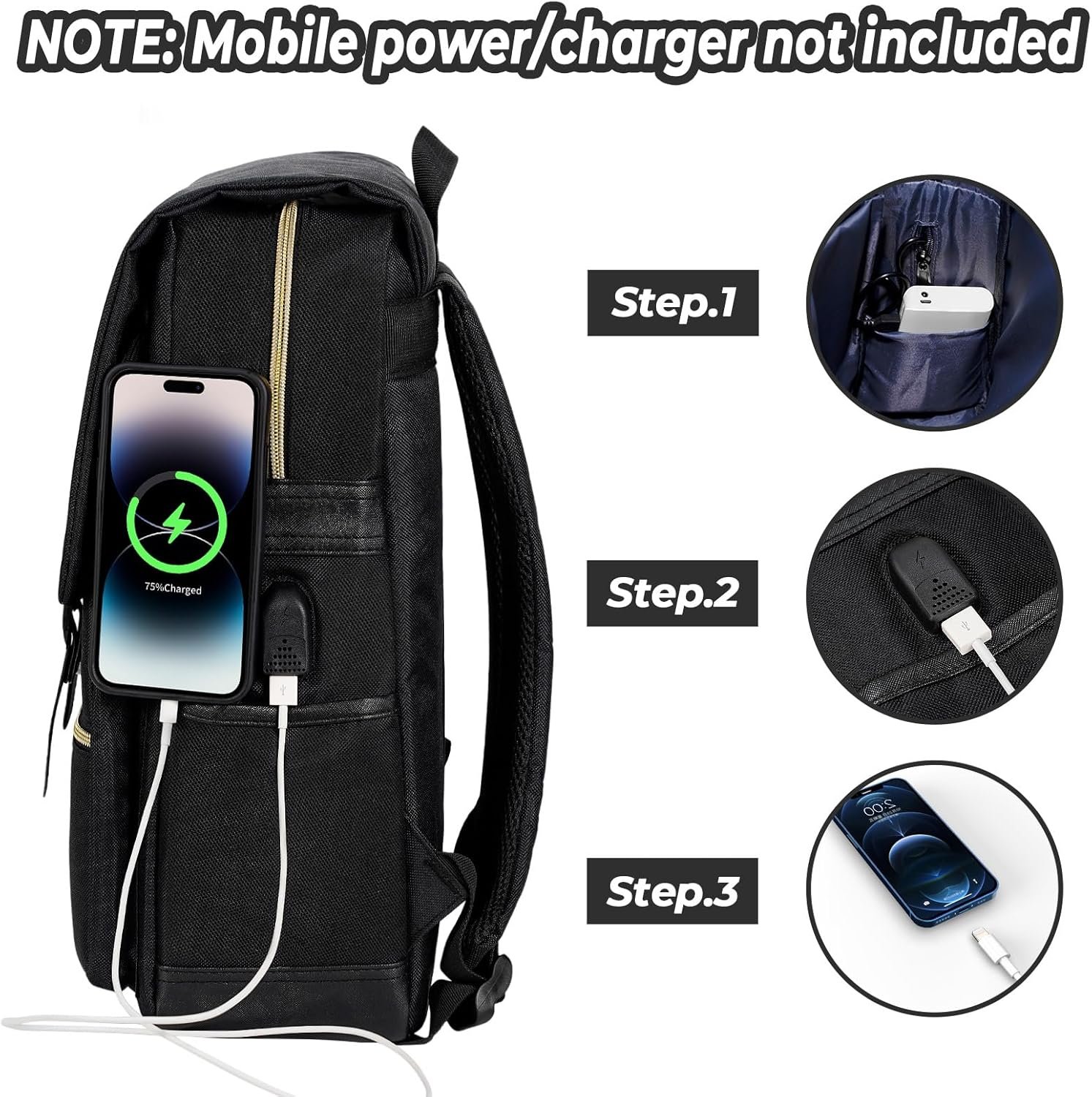 Ronyes Vintage Laptop Backpack for Women Men,15.6 inch Bookbag Casual Daypack with USB Charging Port for College Work, All Black Backpacks - Image 3