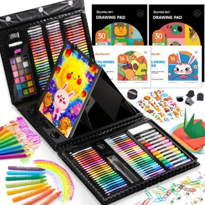 Shuttle Art 335 Piece Kids Art Set, Multi-Media Art Supplies, Gift Art Kit with Trifold Easel, 2 Drawing Pads, 2 Coloring Books, Oil Pastels, Crayons, Watercolors, Markers, Colored Pencils (Black)