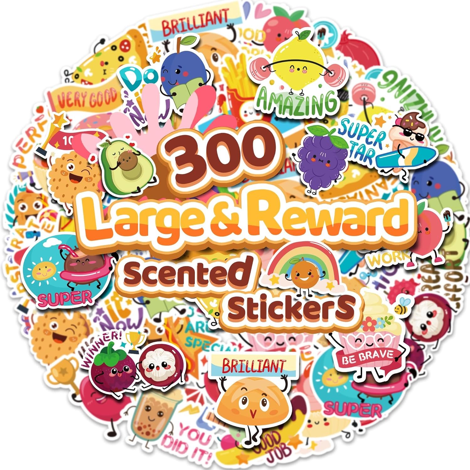 300PCS Large Scratch and Sniff Scented Stickers for Kids, Incentive Smelly Summer Sticker, Motivational for Kids, Bigger Reward Stickers for Student Classroom Must Haves School Supplies