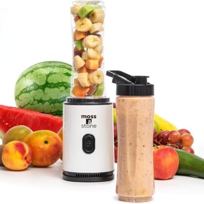 Moss & Stone Personal Blender Single Serve Shake & Smoothies Maker with Portable Travel Sport Bottle - Mini Juicer, White & Black Single Serve Blender for Smoothies and Shakes - Bottle 20 oz
