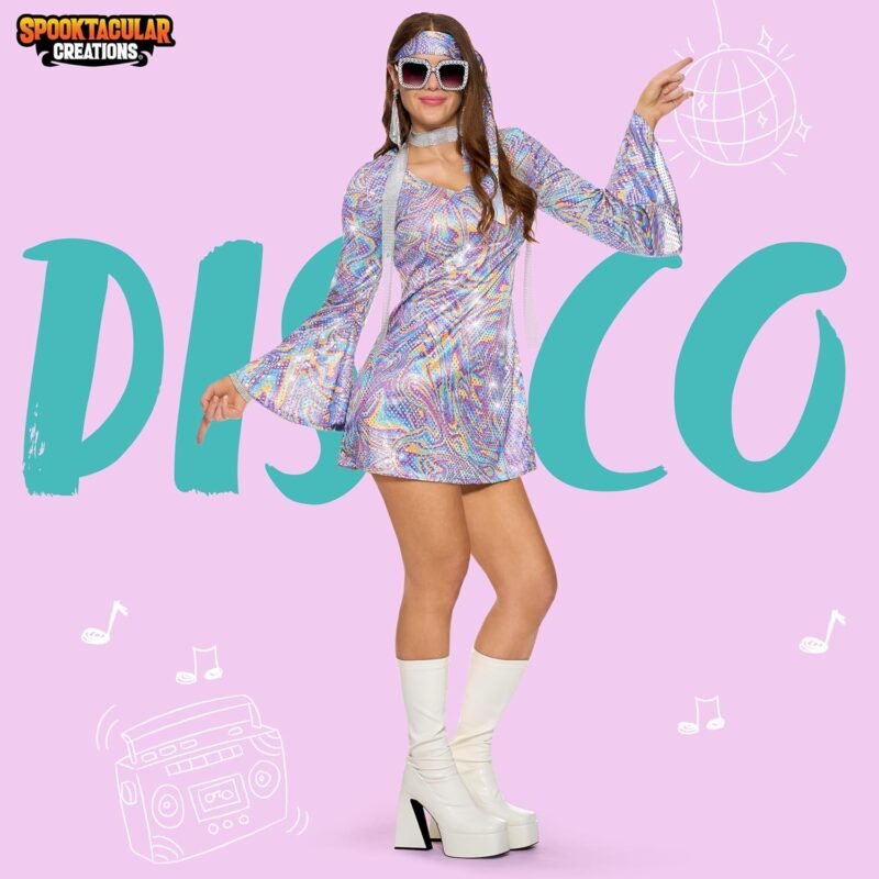 Spooktacular Creations 70s Outfits Women, Halloween Disco Dress with 70s Accessories for Halloween Costumes Dance Party - Image 2