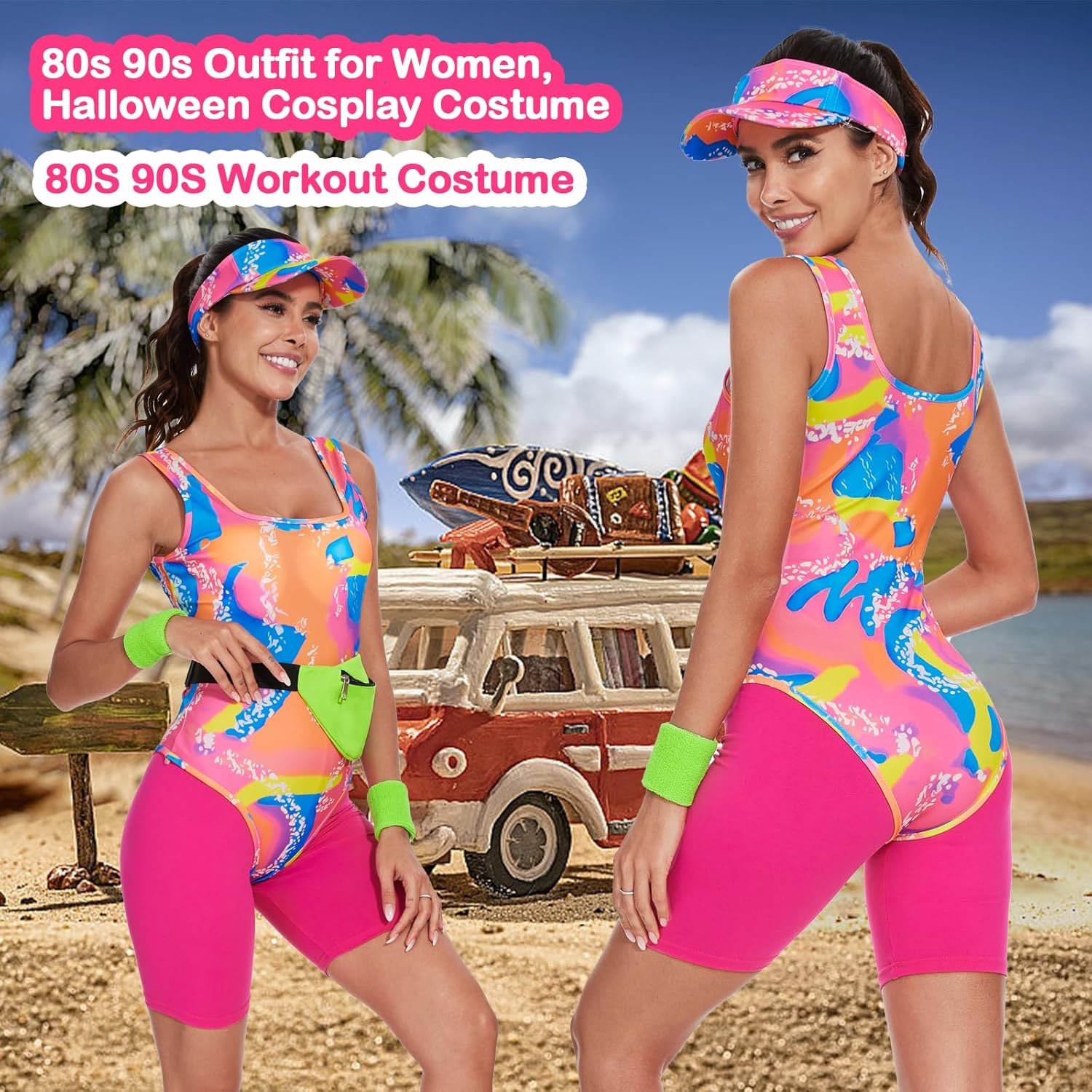 80s 90s Workout Costume for Women Halloween Costumes Cosplay Outfits Swimwear Suit Leotard Legging With Sun Visor (X-Large) - Image 6