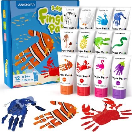28 PCS Finger Paint, Washable Paint for Todllers 1-3, Non-Toxic 12 Vibrant Colors (1.22fl oz/36ml ) , Palette, Apron, Brush, Eye Stickers, Baby Safe Paints for Hand and Feet, Safe Preschool Art Supplies for Kids