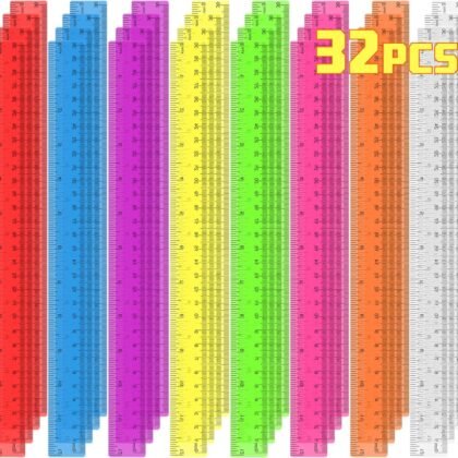 32 Pack Clear Plastic Ruler 12 Inch, Rulers Bulk for Classroom, Transparent Assorted Color Ruler with Centimeters and Inches, Metric Rulers for Kids, Ideal Back to School Office Home Supplies
