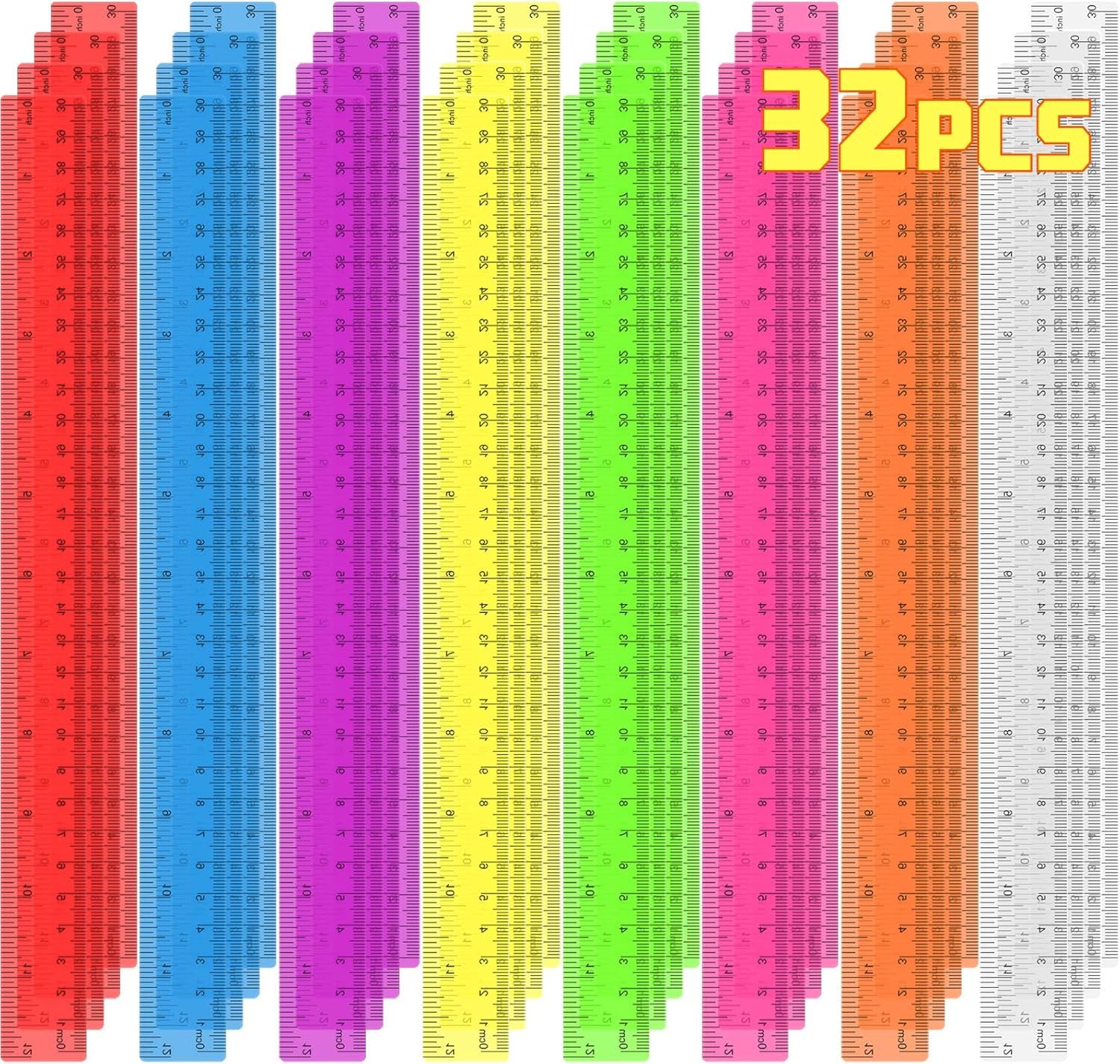 32 Pack Clear Plastic Ruler 12 Inch, Rulers Bulk for Classroom, Transparent Assorted Color Ruler with Centimeters and Inches, Metric Rulers for Kids, Ideal Back to School Office Home Supplies