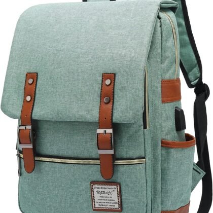 UGRACE Vintage Laptop Backpack with USB Charging Port, Water Resistant Travelling Backpacks College Bag for Men Women, Fits up to 15.6Inch Laptop in Green