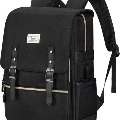 Ronyes Vintage Laptop Backpack for Women Men,15.6 inch Bookbag Casual Daypack with USB Charging Port for College Work, All Black Backpacks