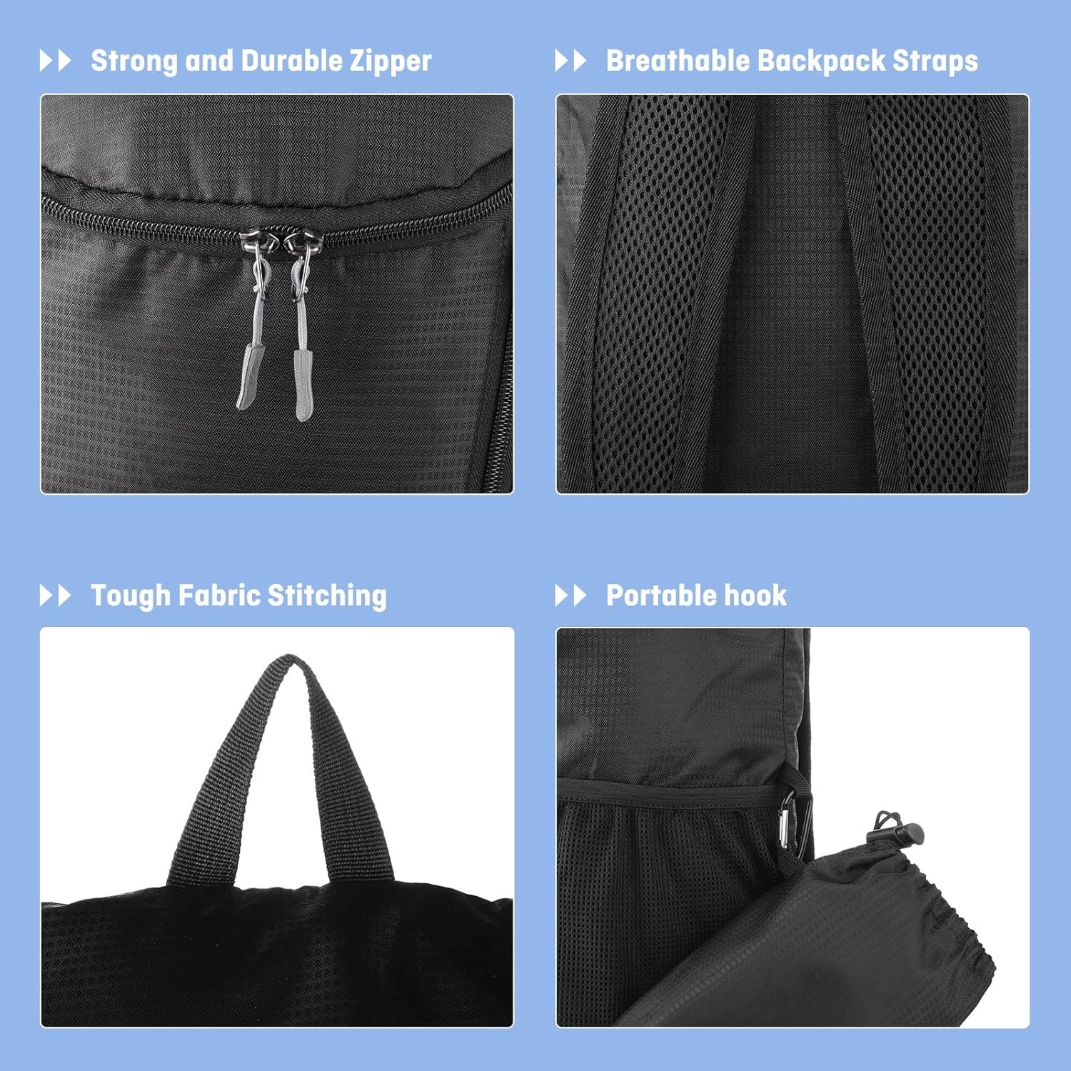 DOVO Hiking Backpack, Waterproof and Wear-resistant Lightweight Backpack Packable,Outdoor Travel Camping Daypack Foldable-BLACK - Image 4