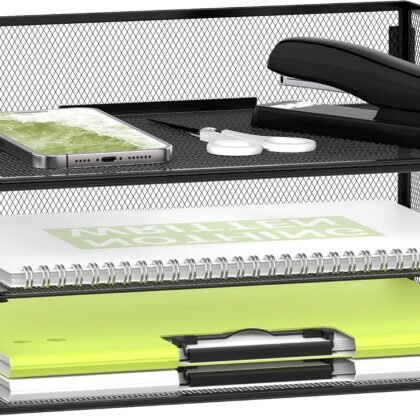 Daltack 3-Tier Paper Organizer with Handle, Mesh Desk Organizer Letter Tray, Paper Tray Organizer File Organizer for A4 File Folder, Black