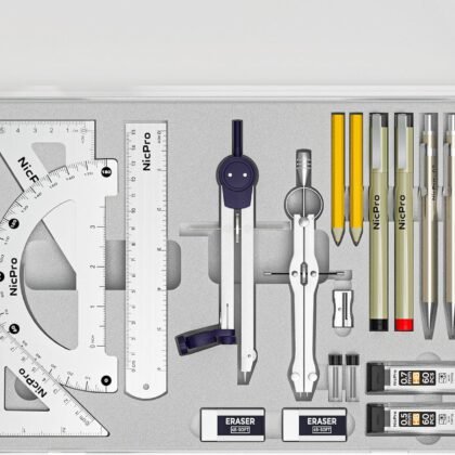 Nicpro 20PCS Professional Geometry Set with Case, Drafting Tools with Protractor and Compass, Metal Rulers, Triangles, Pens, Pencils, Drawing Supplies, Drafting Kit for Architect Engineer Students