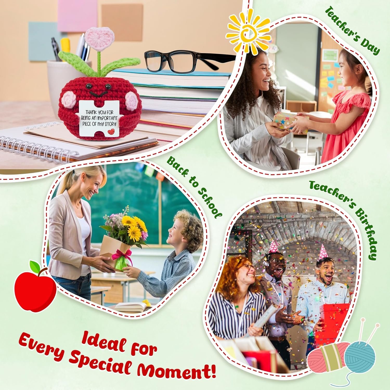 OASSIE Teacher Gifts for Women - Mini Handmade Positive Apple Crochet with Message Card - Teachers Day Christmas Birthday Graduation Appreciation Thank You School Gifts for Students Teachers Women - Image 6