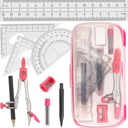 Geometry Compass Set Drafting Tools for School Students Geometry Compass Kit with Protractor, Set Squares, and Ruler Organized in a Plastic Case for Math Sarter and Homework – Stylish Pink