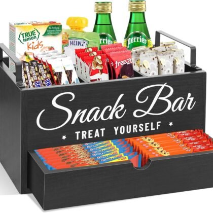 Snack Organizer for Countertop, Wood Pantry Storage Bins with Handles, Snack Bar Organizer for Kitchen, Office, 4 Compartment Food Container Snack Box with Drawer, Pantry Organizer for Chips, Candy