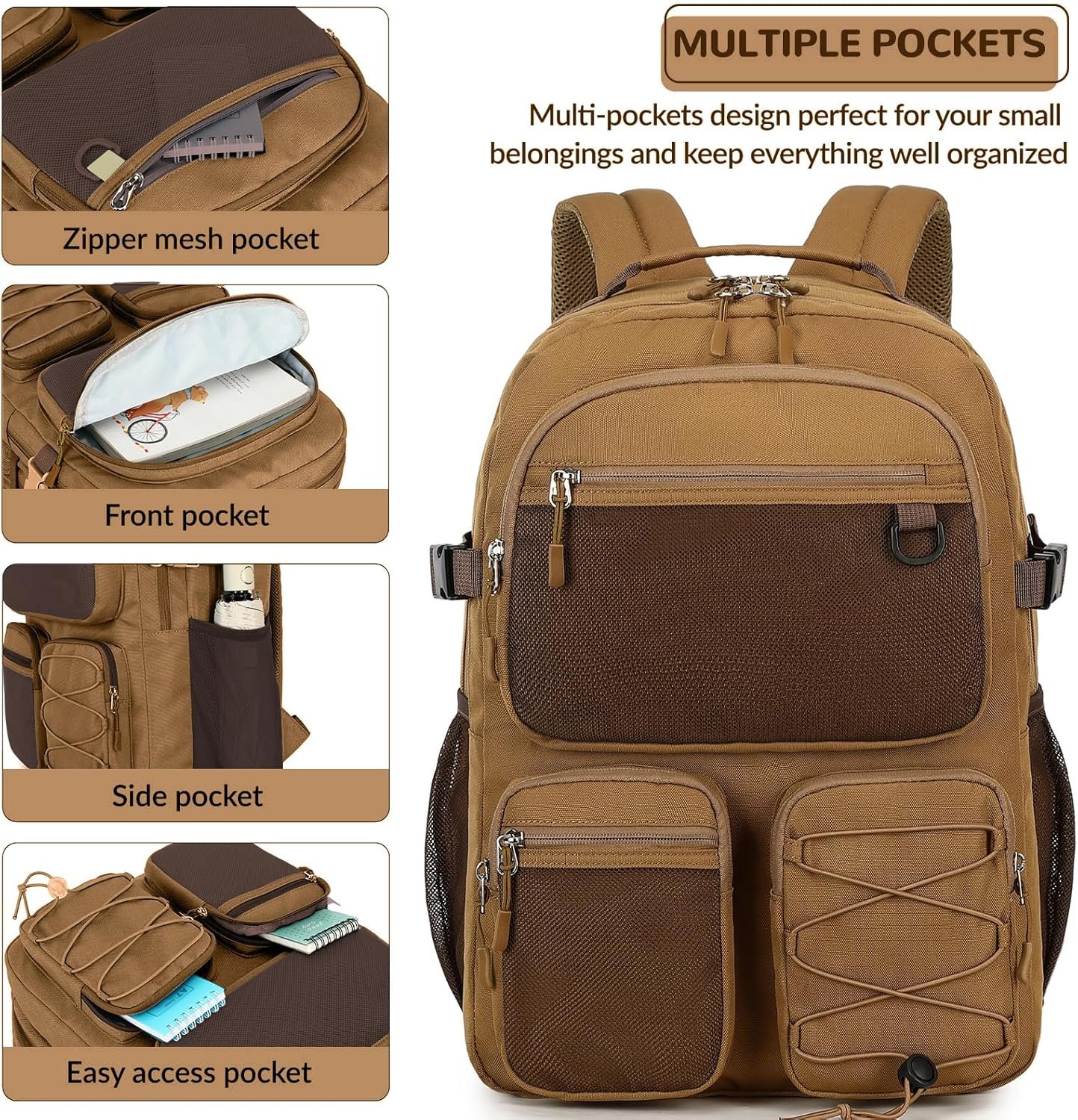 Lohol Water Resistant Daypack with Mulitiple Pockets for Travel Outdoor College, 15.6 inch Laptop Backpack for Men and Women (Brown) - Image 6