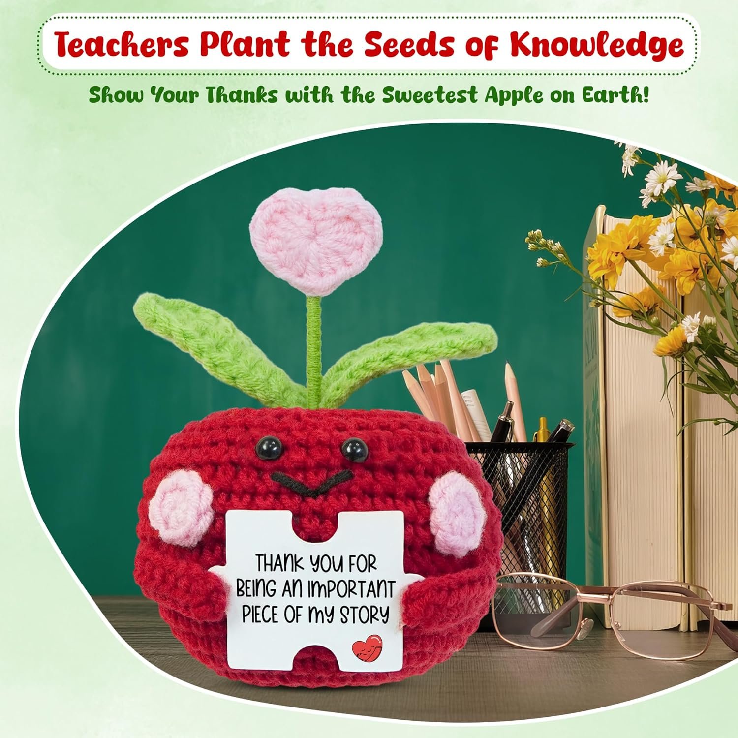 OASSIE Teacher Gifts for Women - Mini Handmade Positive Apple Crochet with Message Card - Teachers Day Christmas Birthday Graduation Appreciation Thank You School Gifts for Students Teachers Women - Image 5