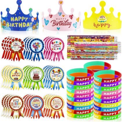 126 PCS Classroom Happy Birthday Kits for Kids, Include Adjustable Birthday Crowns, Multicolor Silicone Bracelets, Pencils & Badge Stickers, Reward Students School Party Favors Teacher Supplies