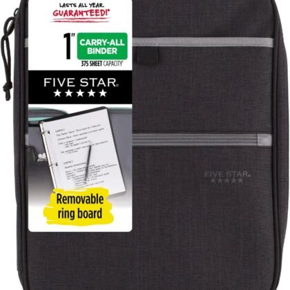 Five Star Zipper Binder, 1 Inch 3-Ring Binder with Round Rings, Carry-All with Pockets and 4-Tab Dividers, 375 Sheet Capacity, Black/Gray (29092IT8)